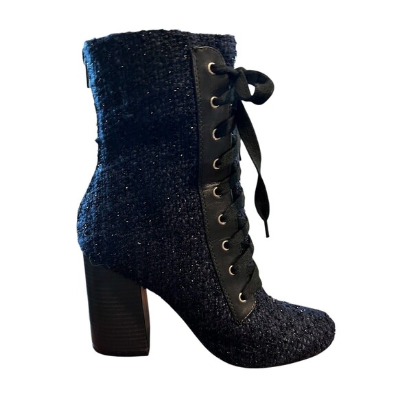 Forever 21 Tweed Lace-up Boots w Zipper Size 7.5 Blue Metallic Grandma Boots - Picture 9 of 10